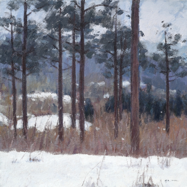 《雪后松林》100cm×100cm布面油画2024年_沈行工.jpeg